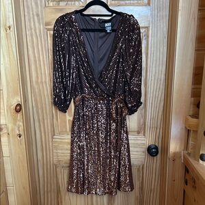 DKNY Bronze Ombré Sequin Wrap Mini Dress